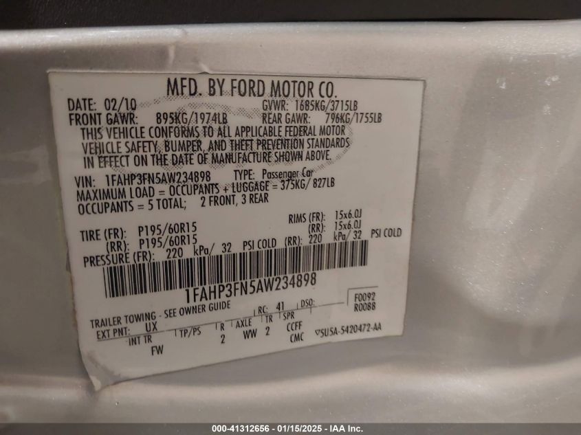 2010 Ford Focus Se VIN: 1FAHP3FN5AW234898 Lot: 41312656