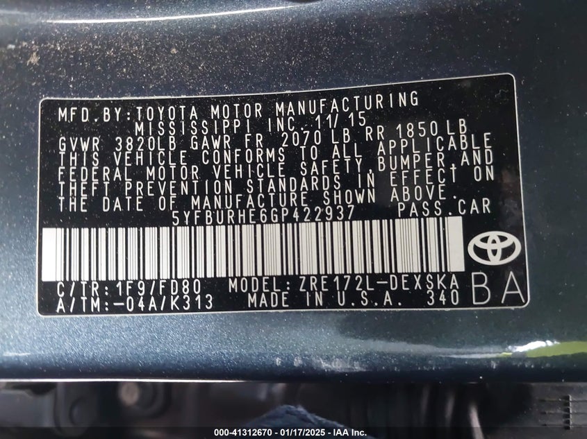 2016 TOYOTA COROLLA VIN: 5YFBURHE6GP422937