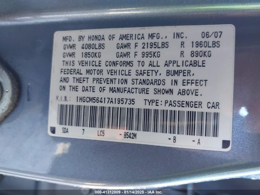 2007 Honda Accord 2.4 Lx VIN: 1HGCM56417A195735 Lot: 41312809