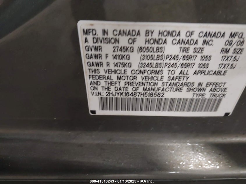 2007 HONDA RIDGELINE VIN: 2HJYK16487H518582