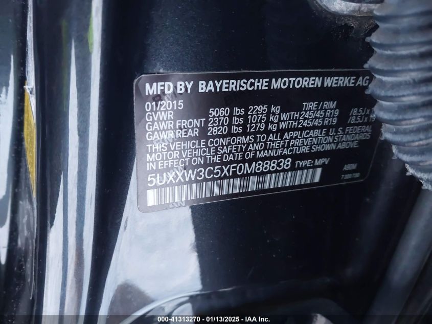 2015 BMW X4 xDrive28I VIN: 5UXXW3C5XF0M88838 Lot: 41313270