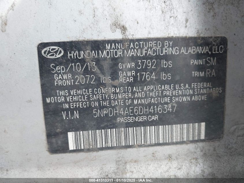 VIN 5NPDH4AE6DH416347 2013 HYUNDAI ELANTRA no.9