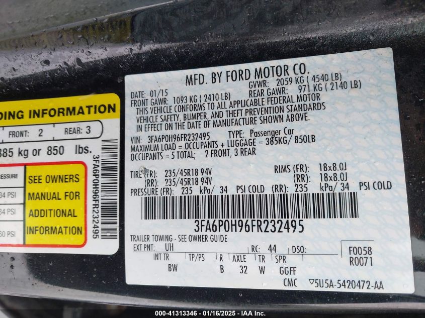 2015 FORD FUSION SE - 3FA6P0H96FR232495