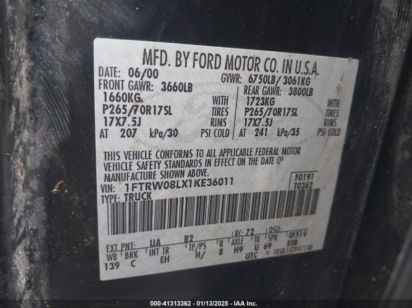 2001 Ford F150 VIN: ISTRW0AIXIKE360II Lot: 41313362