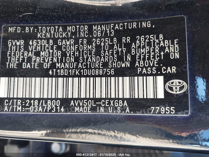 2013 TOYOTA CAMRY HYBRID VIN: 4T1BD1FK1DU088756