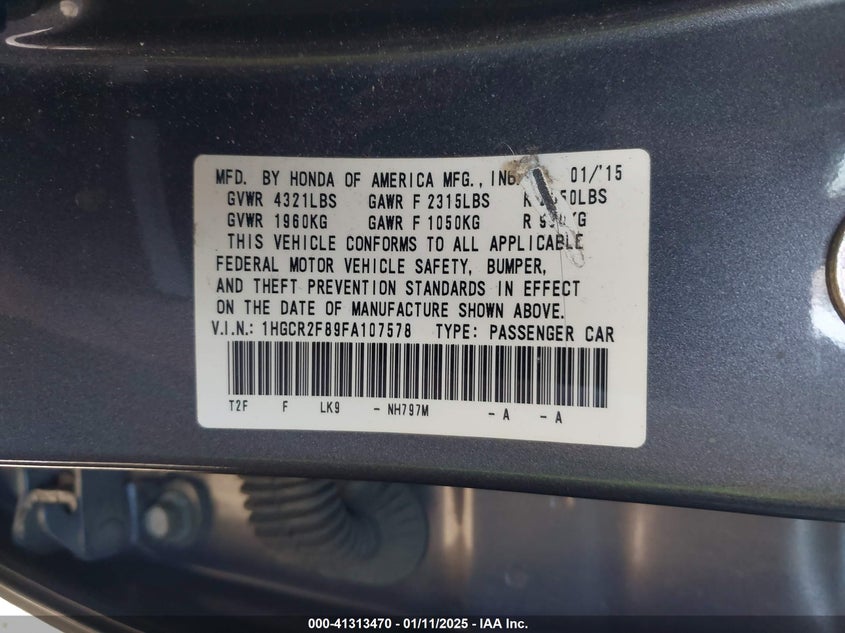 2015 HONDA ACCORD VIN: 1HGCR2F89FA107578