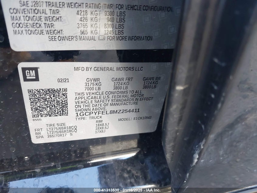 2021 CHEVROLET SILVERADO 1500 VIN: 1GCPYFEL8MZ254411