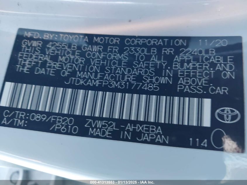 VIN JTDKAMFP3M3177485 2021 Toyota Prius, Prime LE no.9