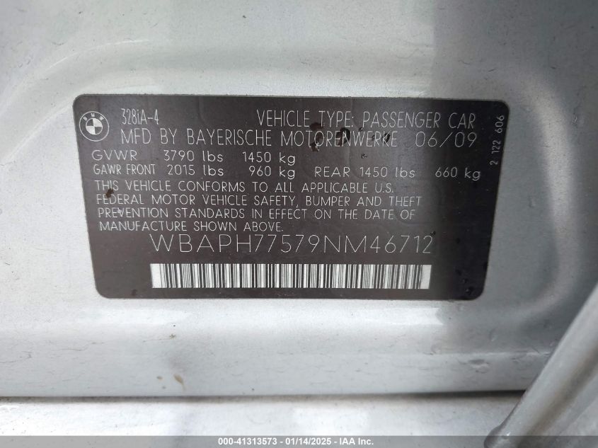 2009 BMW 328I VIN: WBAPH77579NM46712 Lot: 41313573