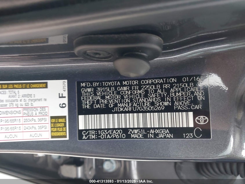 2016 TOYOTA PRIUS VIN: JTDKARFU7G3505269