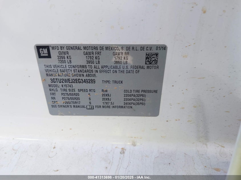 2014 GMC SIERRA 1500 VIN: 3GTU2WEJ2EG349289