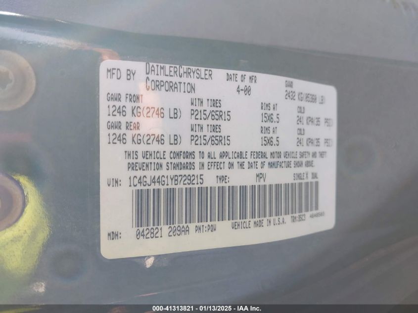 2000 Chrysler Grand Voyager Se VIN: 1C4GJ44G1YB729215 Lot: 41313821