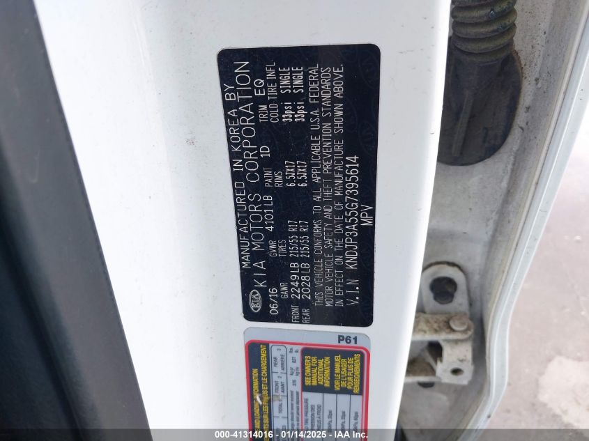 2016 Kia Soul + VIN: KNDJP3A55G7395614 Lot: 41314016