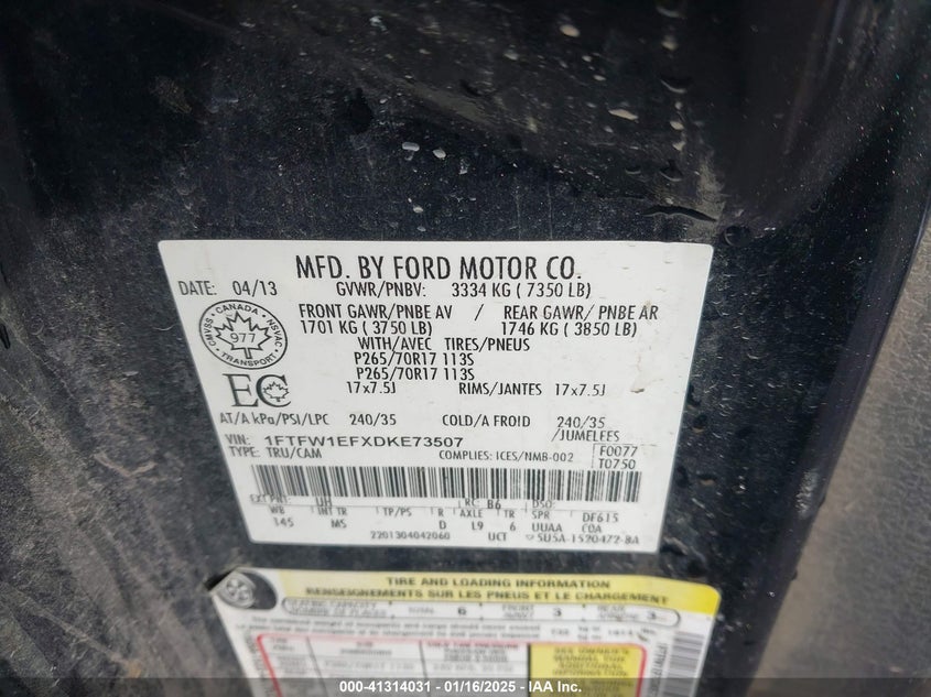 2013 FORD F-150 VIN: 1FTFW1EFXDKE73507