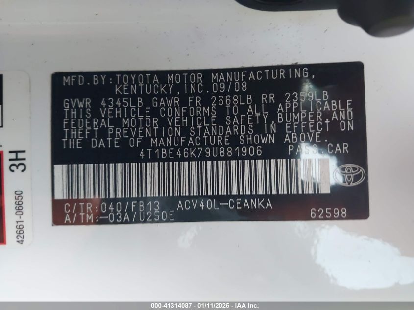 2009 Toyota Camry Le VIN: 4T1BE46K79U881906 Lot: 41314087