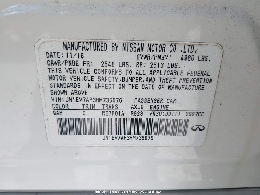 2017 INFINITI Q50 VIN: JN1EV7AP3HM736076