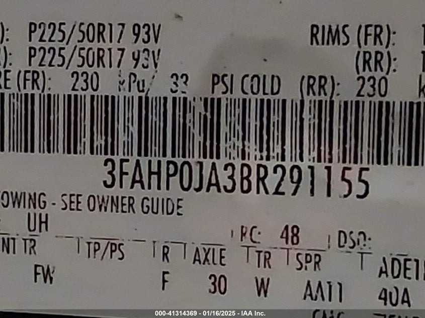 2011 FORD FUSION VIN: 3FAHP0JA3BR291155