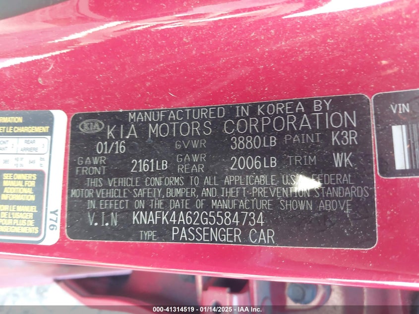 2016 KIA FORTE VIN: KNAFK4A62G5584734