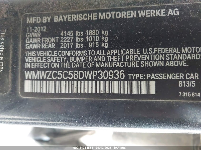 2013 Mini Countryman Cooper S VIN: WMWZC5C58DWP30936 Lot: 41314553