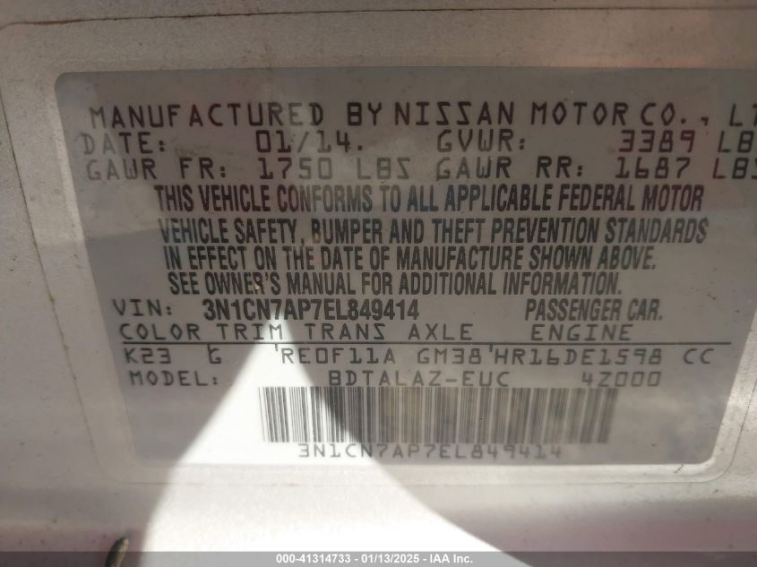 VIN 3N1CN7AP7EL849414 2014 NISSAN VERSA no.9