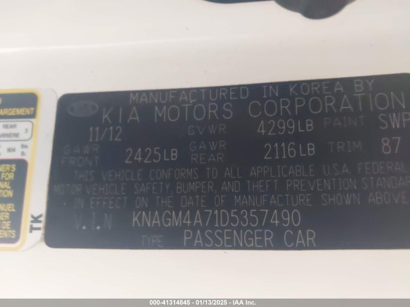 2013 KIA OPTIMA VIN: KNAGM4A71D5357490