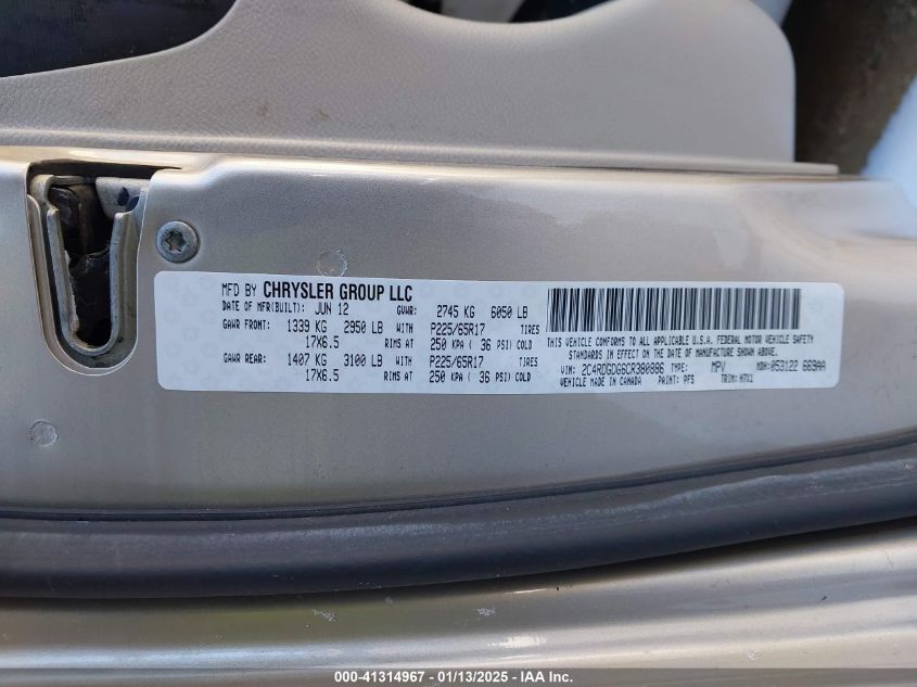 2012 Dodge Grand Caravan Crew VIN: 2C4RDGDG6CR380886 Lot: 41314967