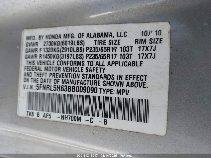 2011 Honda Odyssey Ex-L VIN: 5FNRL5H63BB009090 Lot: 41315017