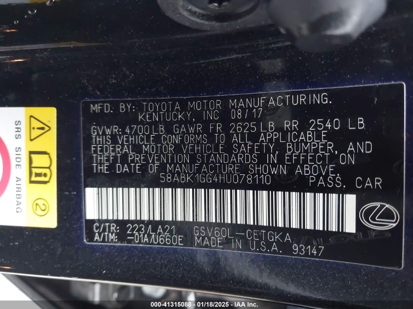 2017 Lexus Es 350 VIN: 58ABK1GG4HU078110 Lot: 41315088