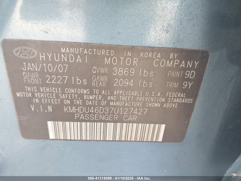 2007 HYUNDAI ELANTRA VIN: KMHDU46D37U127427