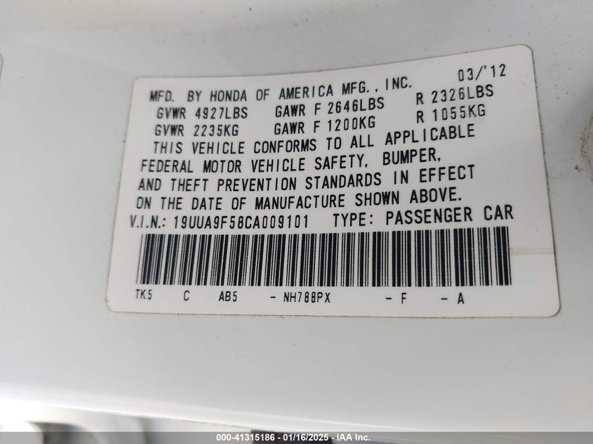 2012 ACURA TL VIN: 19UUA9F58CA009101