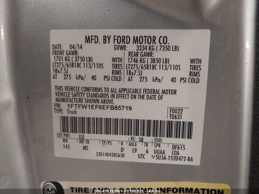 2014 FORD F-150 VIN: 1FTFW1EF6EFB85719