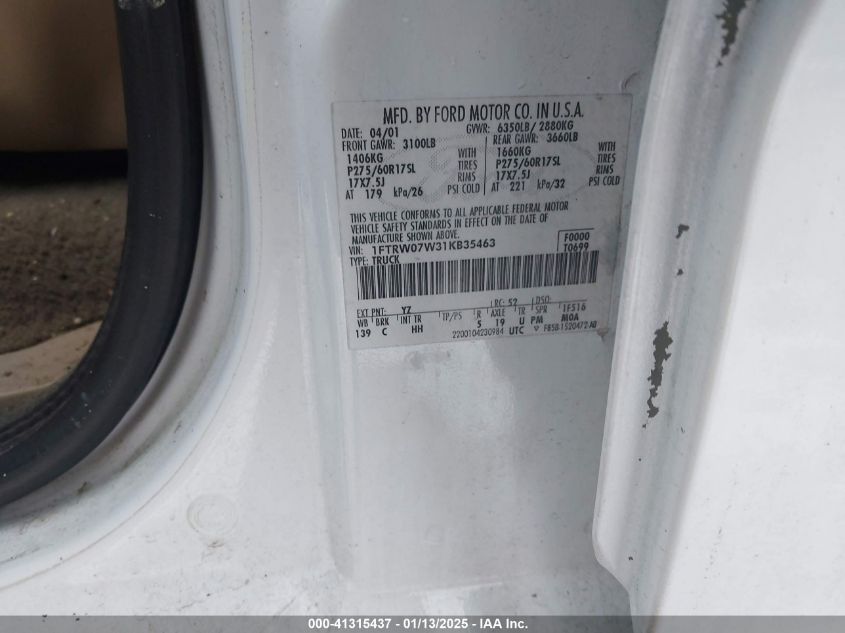 2001 Ford F-150 Harley-Davidson Edition/King Ranch Edition/Lariat/Xlt VIN: 1FTRW07W31KB35463 Lot: 41315437