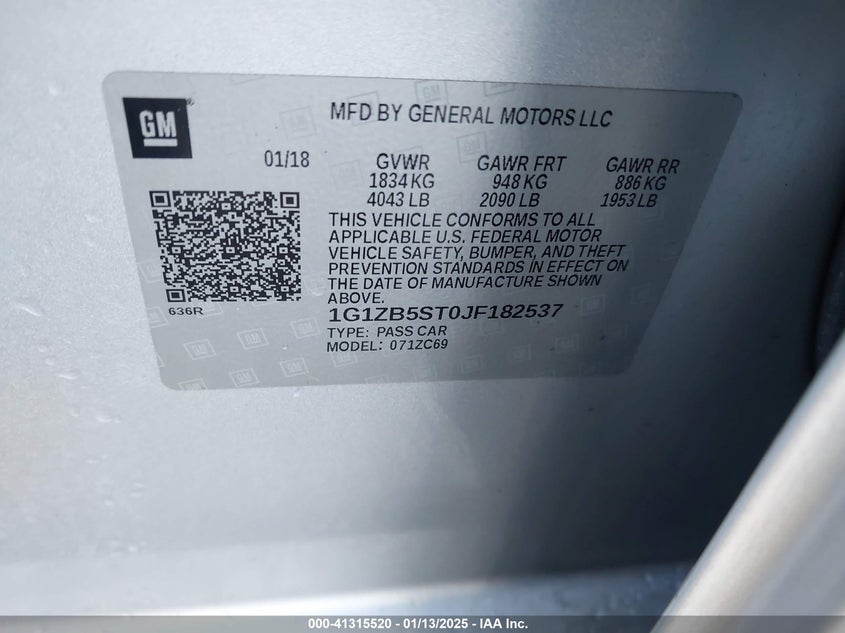2018 CHEVROLET MALIBU VIN: 1G1ZB5ST0JF182537
