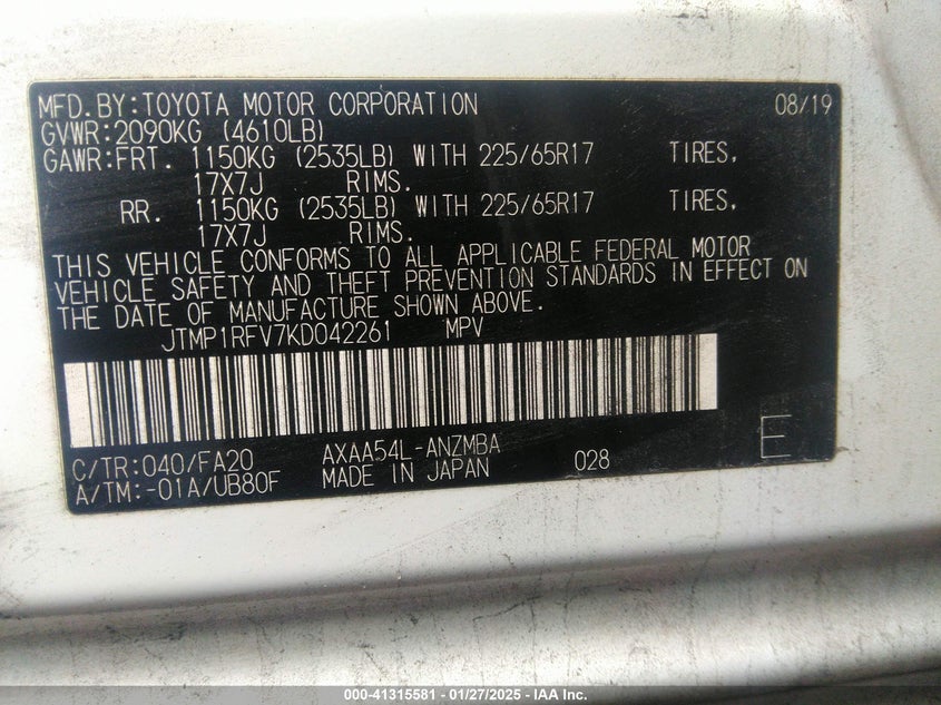 2019 TOYOTA RAV4 XLE - JTMP1RFV7KD042261