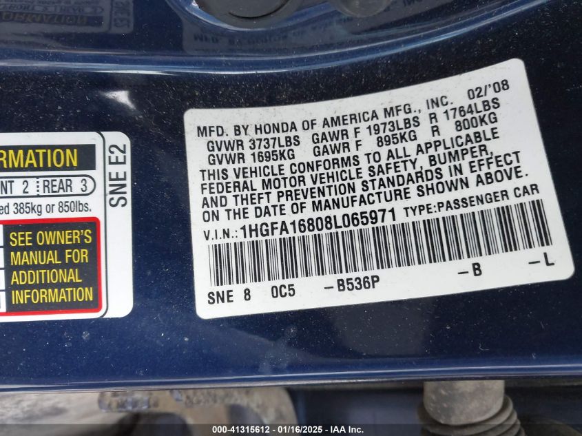 2008 Honda Civic Ex VIN: 1HGFA16808L065971 Lot: 41315612