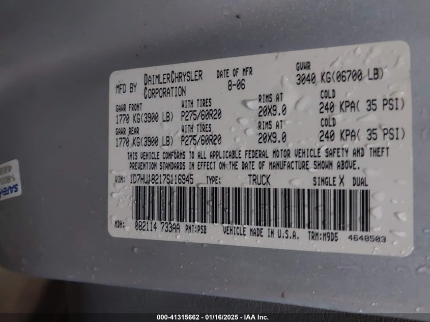2007 DODGE RAM 1500 VIN: 1D7HU18217S116945