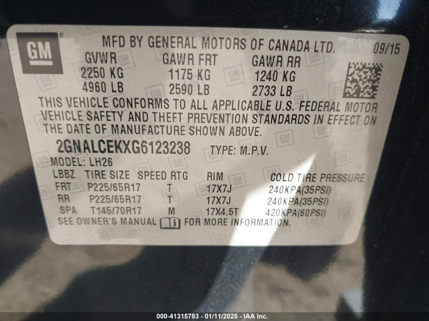 VIN 2GNALCEKXG6123238 2016 Chevrolet Equinox, LT no.9