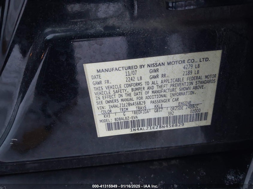2008 NISSAN ALTIMA VIN: 1N4AL21E28N456829