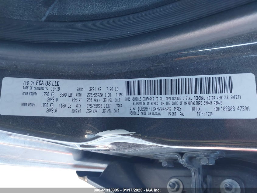 2019 RAM 1500 VIN: 1C6SRFFT6KN704526