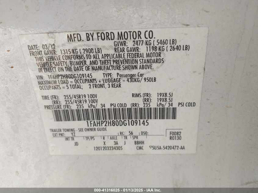 VIN 1FAHP2H80DG109145 2013 Ford Taurus, Sel no.9