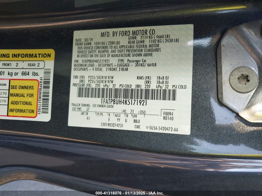 2019 FORD MUSTANG VIN: 1FATP8UH4K5171921