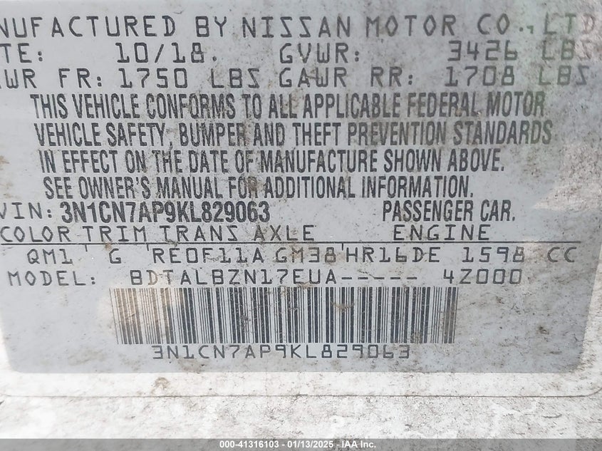 2019 NISSAN VERSA 1.6 SV - 3N1CN7AP9KL829063