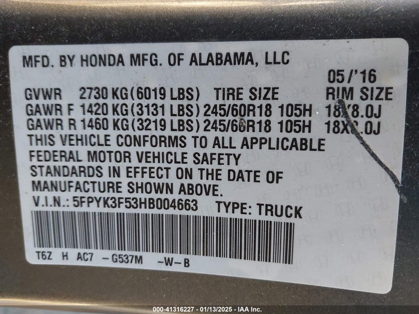 2017 HONDA RIDGELINE RTL - 5FPYK3F53HB004663