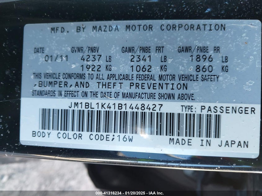 2011 MAZDA MAZDASPEED3 VIN: JM1BL1K41B1448427