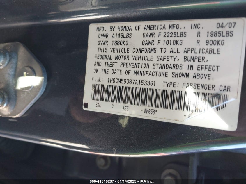 1HGCM56387A153361 2007 HONDA ACCORD photo no. 9