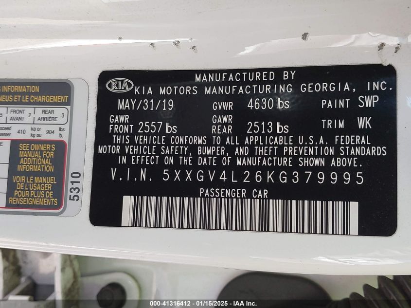 2019 Kia Optima Sx Turbo VIN: 5XXGV4L26KG379995 Lot: 41316412