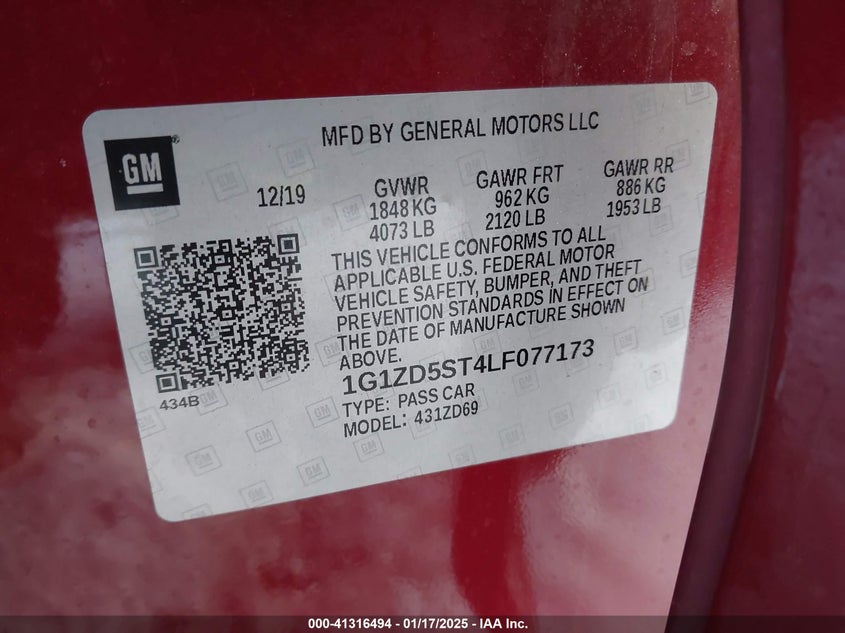 2020 CHEVROLET MALIBU VIN: 1G1ZD5ST4LF077173