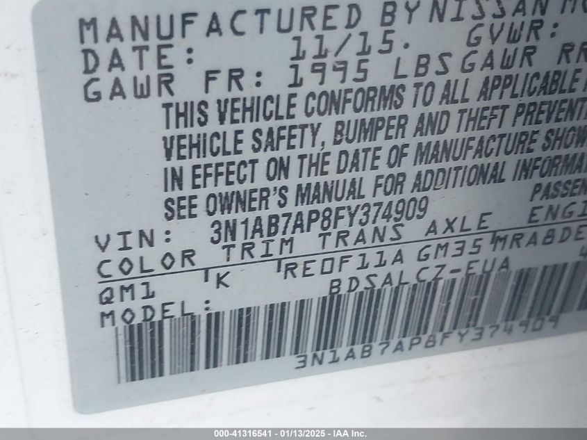 2015 Nissan Sentra S VIN: 3N1AB7AP8FY374909 Lot: 41316541