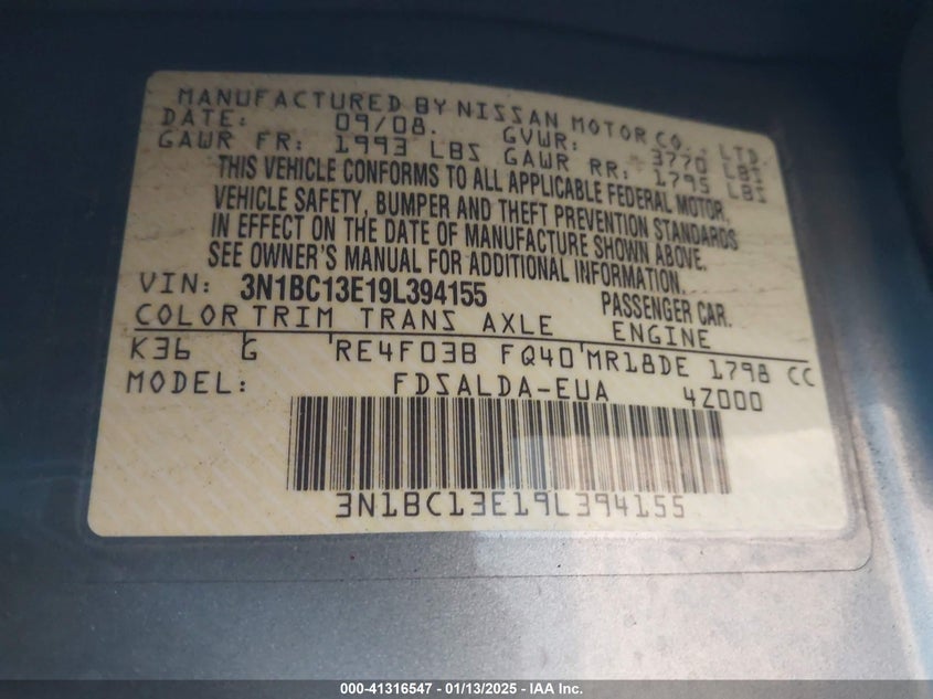2009 NISSAN VERSA VIN: 3N1BC13E19L394155