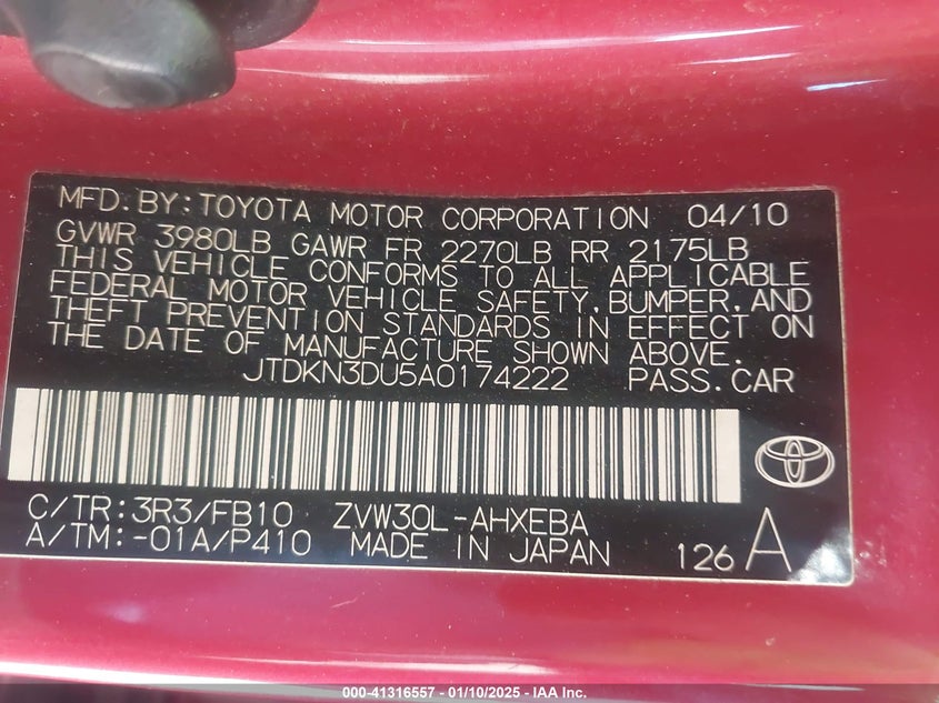 2010 TOYOTA PRIUS VIN: JTDKN3DU5A0174222